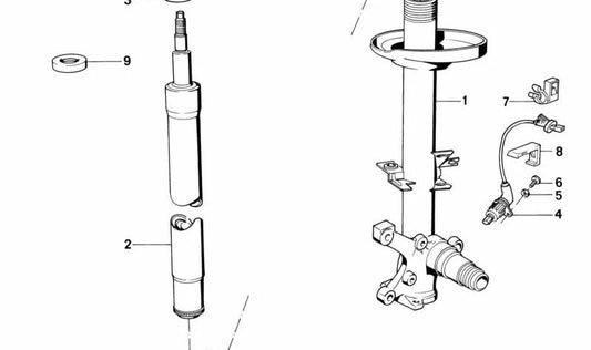 Right front shock absorber OEM 31311127314 for BMW E30 (316, 316i) with M10 motor. Compatible with manual and automatic versions. Original BMW.