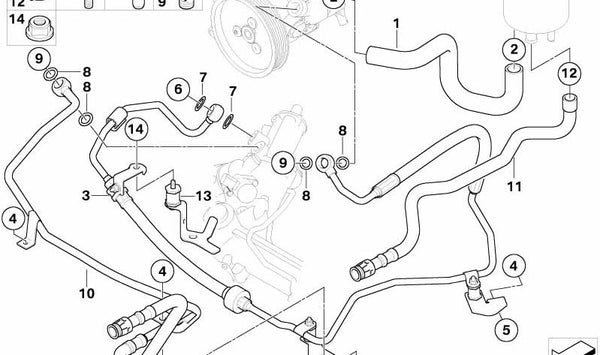 Tubería de retorno de dirección asistida OEM 32416766686 para BMW E60, E61, E63, E64. Original BMW.