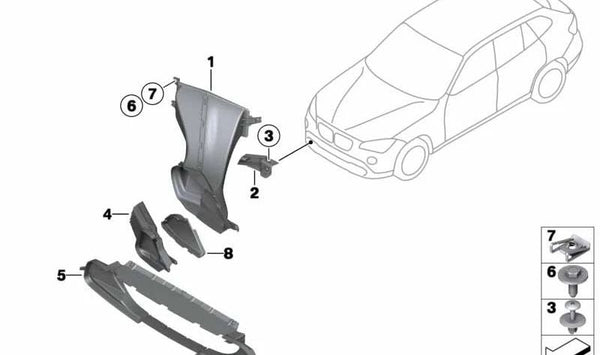 Conducto de aire para enfriador de aceite motor derecho OEM 51117303802 para BMW X1 E84 xDrive28i (VM11, VM12, VM21, VM22) 2011-2015. Recambio original BMW.