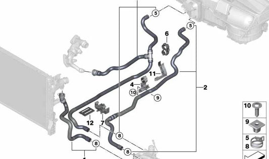 Manguera de refrigerante de retorno OEM 64219348173 para BMW G30, G31, G11, G12, G14, G15, G16. Original BMW.