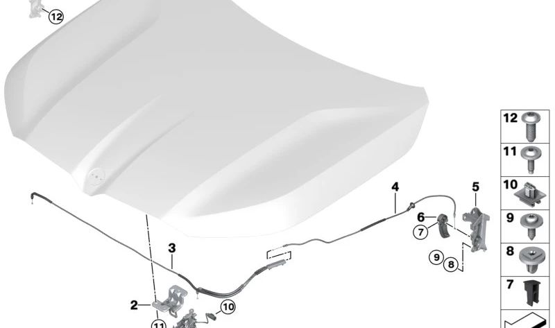 Cable apertura capó OEM 51237418204 para BMW X5 (F95, F95N, G05, G05N, G18, G18N), X6 (F96, F96N, G06, G06N) y X7 (G07, G07N, G09). Original BMW.