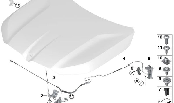 Cable apertura capó OEM 51237418204 para BMW X5 (F95, F95N, G05, G05N, G18, G18N), X6 (F96, F96N, G06, G06N) y X7 (G07, G07N, G09). Original BMW.