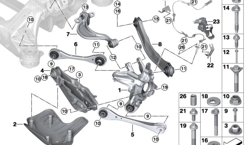 Heck -Längsarmarm OEM 33308868688 für BMW G26, I4 G26, IX I20. Original BMW.