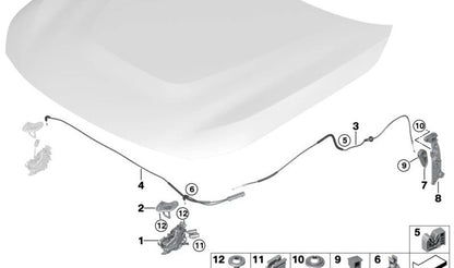 Trava do capô dianteiro esquerdo para BMW Série 1 F40, Série 2 F44, G42, G87, Série 3 G20, G21, G80, Série 4 G22, G23, G26, G82, G83 (OEM 51237468347). BMW original