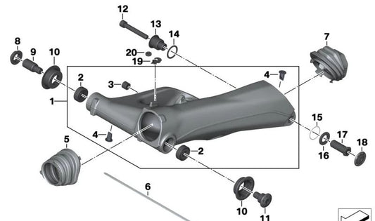 Pivote trasero OEM 33358526710 para motos BMW R 1200 GS, R 1250 GS, R 1200 RT, R 1250 RT, R 1200 R, R 1250 R, R 1200 RS, R 1250 RS. Original BMW Motorrad.