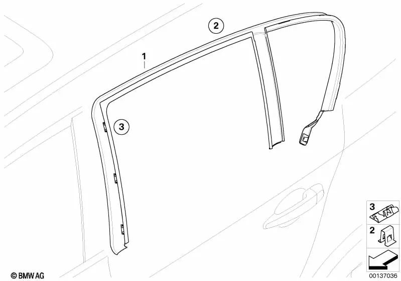Window frame cover, rear left door for BMW E87, E87N (OEM 51357121155). Original BMW