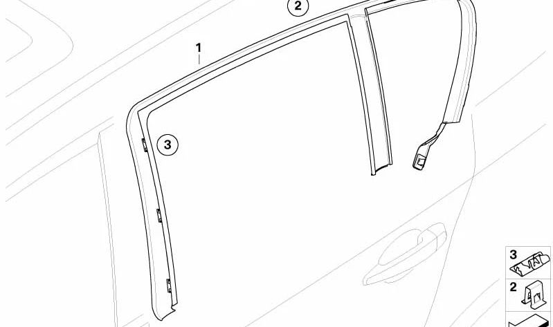 Rechte hintere Türfensterabdeckung OEM 51357121156 für BMW E87. Original BMW.