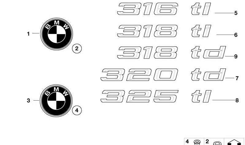 Emblema trasero adhesivo OEM 51147130049 para BMW E46. Original BMW.