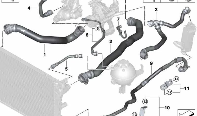 Tubo de conexión culata a vaso expansión OEM 17127827376 para BMW G30, G30N, G31, G31N, G32, G32N. Original BMW.