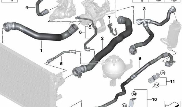 Tubo de conexión culata a vaso expansión OEM 17127827376 para BMW G30, G30N, G31, G31N, G32, G32N. Original BMW.