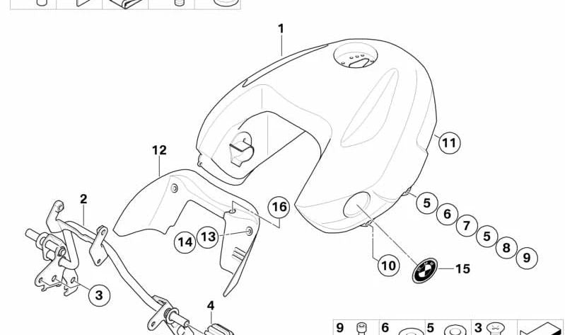 Soporte del depósito delantero OEM 16117697199 para motos BMW R1200R K27 (2005-2014). Original BMW Motorrad.