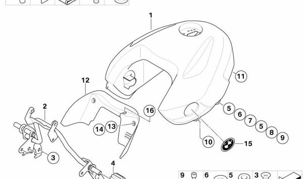 Soporte del depósito delantero OEM 16117697199 para motos BMW R1200R K27 (2005-2014). Original BMW Motorrad.