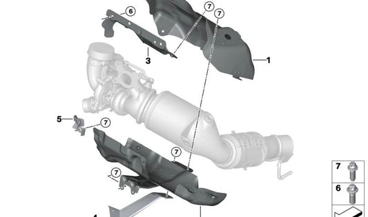 Protector térmico superior turbo OEM 11658741611 para BMW U06 (218i, 230e), U11 (X1 xDrive25e, 30e), U10 (X2 18i). Original BMW.