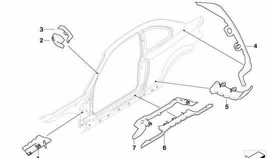 Soporte interior paso de rueda derecho OEM 41147076726 para BMW E81, E82, E87, E88. Compatible con versiones 116d, 116i. Pieza original BMW.