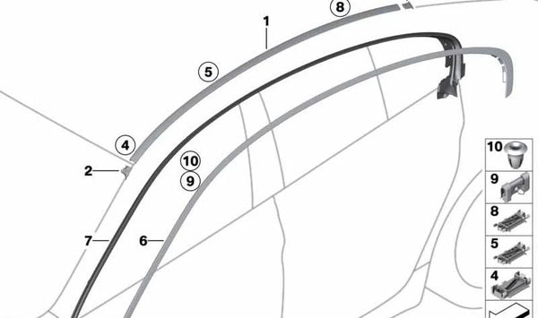 Moldura techo derecha imprimada OEM 51137302974 para BMW F06 (640d, 640i, xDrive). Pieza original BMW.