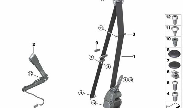 Cinturón de seguridad delantero derecho OEM 72117383318 para BMW F30, F31, F34, F36, F80. Original BMW.