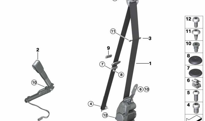 Cinturón de seguridad delantero izquierdo OEM 72117383325 para BMW F30, F31, F34, F35, F80, F36. Original BMW.