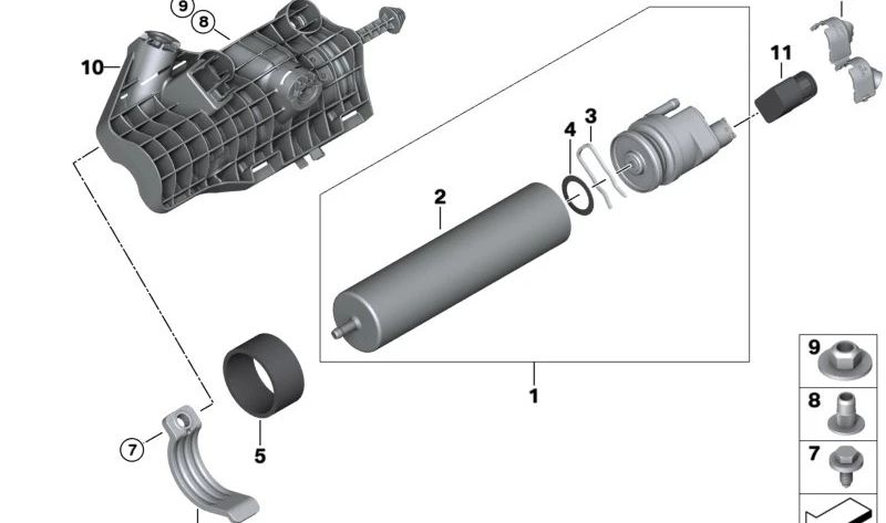 Soporte de filtro de combustible OEM 13328508571 para BMW E70, F15, E71. Original BMW.