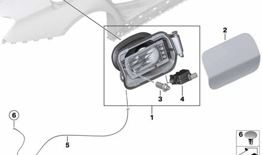 Tapón de llenado de combustible sin pintar OEM 51177278402 para BMW F35 316Li, 320Li, 328Li, 330Li, 335Li. Compatible con modelos desde 09/2015 a 04/2019. Recambio original BMW.