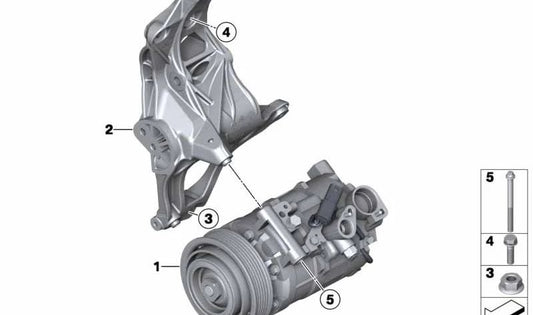 Supporto compressore di condizionamento dell'aria OEM 64557603346 per BMW F20, F21, F30, F31. BMW originale.