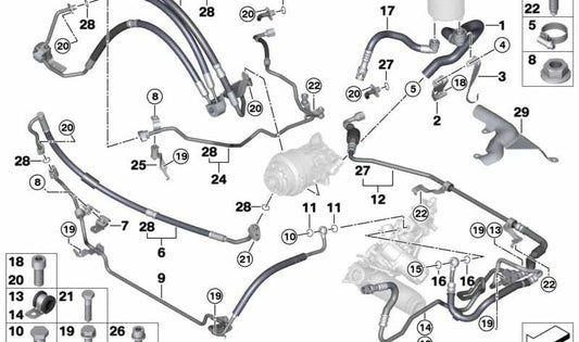 Soporte de tubo de expansión OEM 32416861941 para BMW E70 X5 y E71 X6 (modelos xDrive50i y M) con motor N63 y S63. Compatible con años 2008 a 2014. Original BMW.