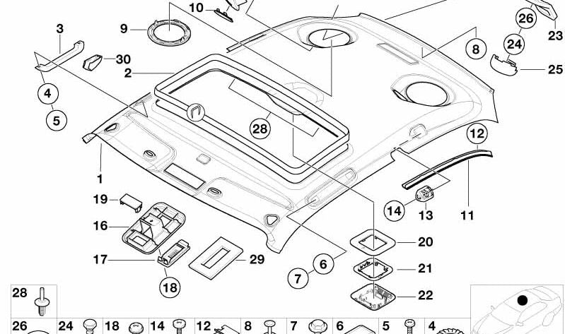 Guarnición techo interior OEM 51448407654 para BMW Z3 (E36) 2.8, 3.0i y M3.2 (todos los modelos compatibles). Original BMW.