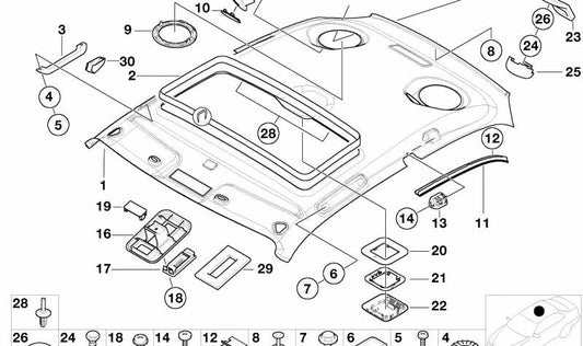 Guarnición techo interior OEM 51448407654 para BMW Z3 (E36) 2.8, 3.0i y M3.2 (todos los modelos compatibles). Original BMW.