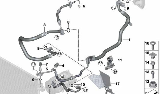 Tubo de aspiración A/C OEM 64537854429 para BMW F90 M5, F91 M8, F92 M8, F93 M8. Conecta evaporador y compresor de aire acondicionado. Original BMW.