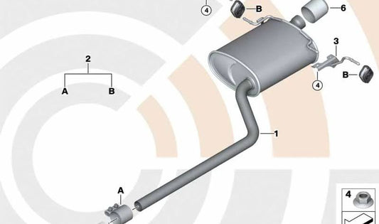Kit de montaje para silencioso trasero OEM 18305A23276 para MINI R56 (Cooper, One), R57, R58, R59. Compatible con motores N12 y N16. Original MINI.