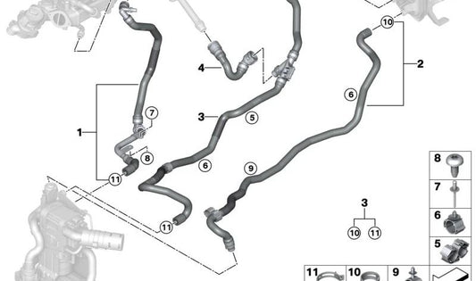 Manguera de retorno del refrigerante OEM 64216999949 para BMW G20, G20N, G21, G21N, G22, G22N, G23, G23N, G26, G26N. Original BMW.