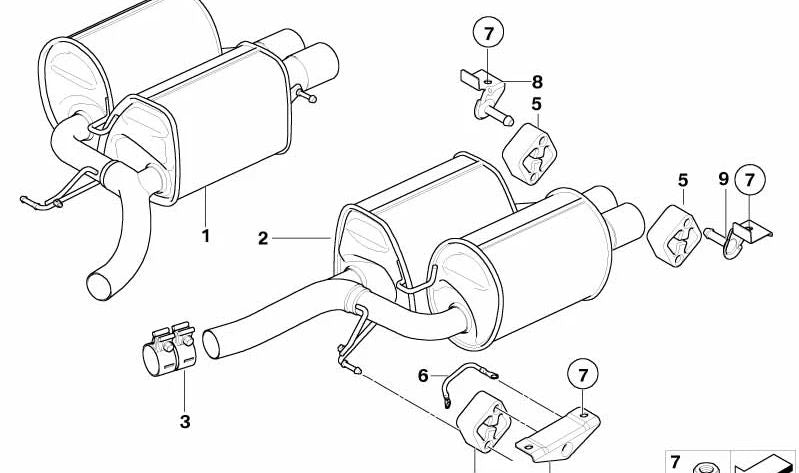 Silencioso trasero derecho OEM 18107838014 para BMW E61 M5 (PV91, PV92) con motor S85. Producción 2007-2010. Original BMW.