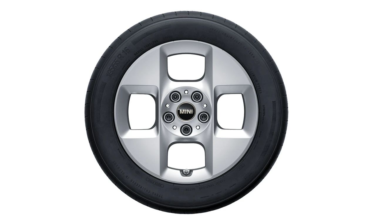 Alloy wheel 4 square spokes 955 6.5Jx16 ET47 refined silver color OEM 36115A3E635 for MINI F65, F66, Cabrio F67. Original MINI.