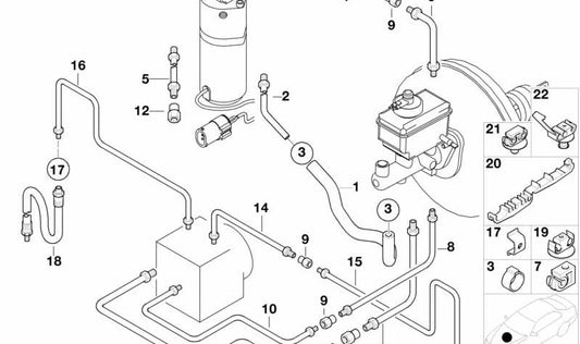 Tubo de freno delantero OEM 34516755329 para BMW E39 {525d, 535i, 540i} con sistema ASC/DSC. Repuesto original BMW.