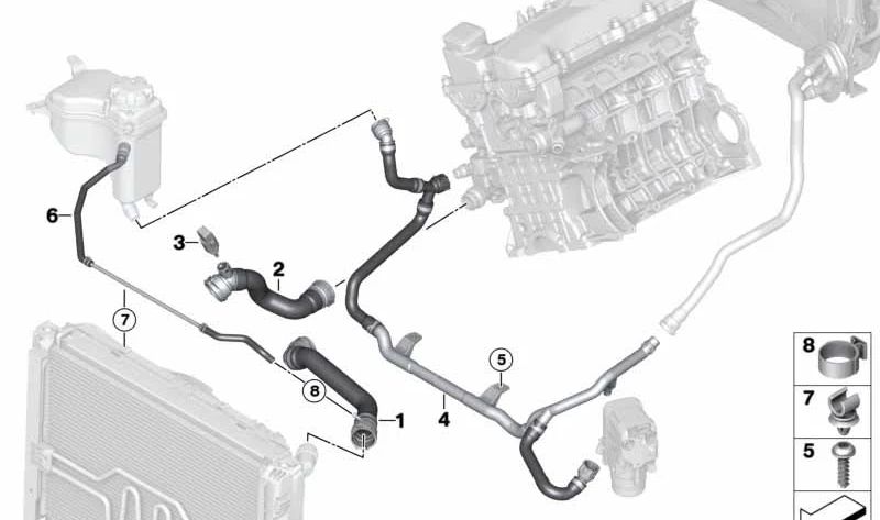 Tubo di radiatore inferiore al termostato OEM 17127526391 per BMW E81, E87. BMW originale.