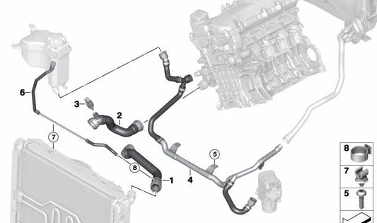 Manguera inferior del radiador al termostato OEM 17127526391 para BMW E81, E87. Original BMW.