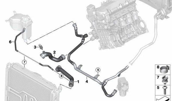 Manguera inferior del radiador al termostato OEM 17127526391 para BMW E81, E87. Original BMW.