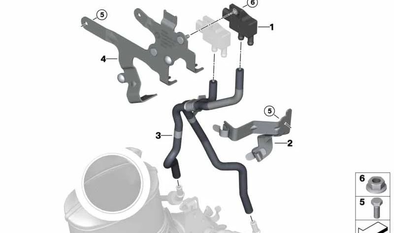 Soporte sensor de presión diferencial OEM 13628096095 para BMW F87 M2, F82 M4, F83 M4. Original BMW.