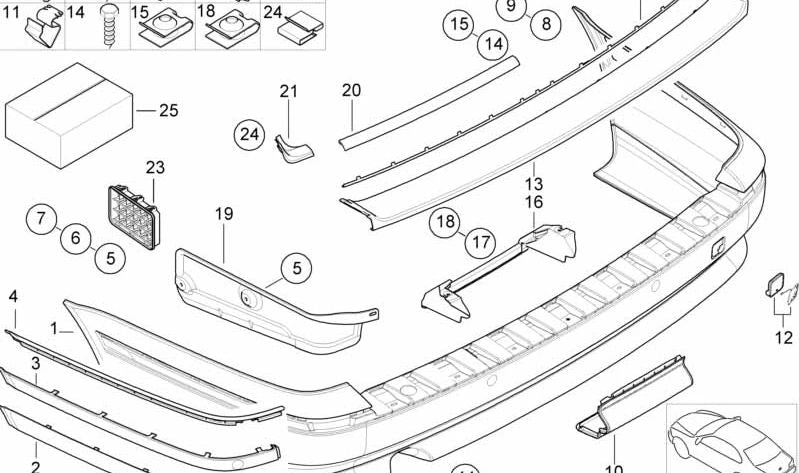 Paragolpes trasero imprimado OEM 51128221225 para BMW E39. Original BMW.