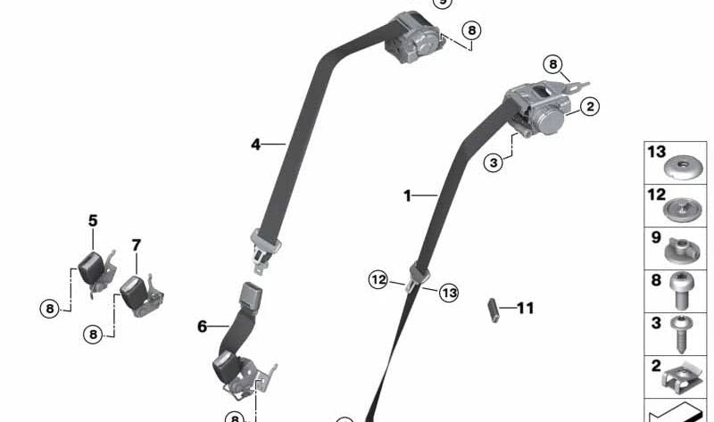 Cinturón de seguridad trasero derecho OEM 72118076164 para BMW F93 (M8 Competition) y G16 (840d, 840i, ALPINA B8). Original BMW.