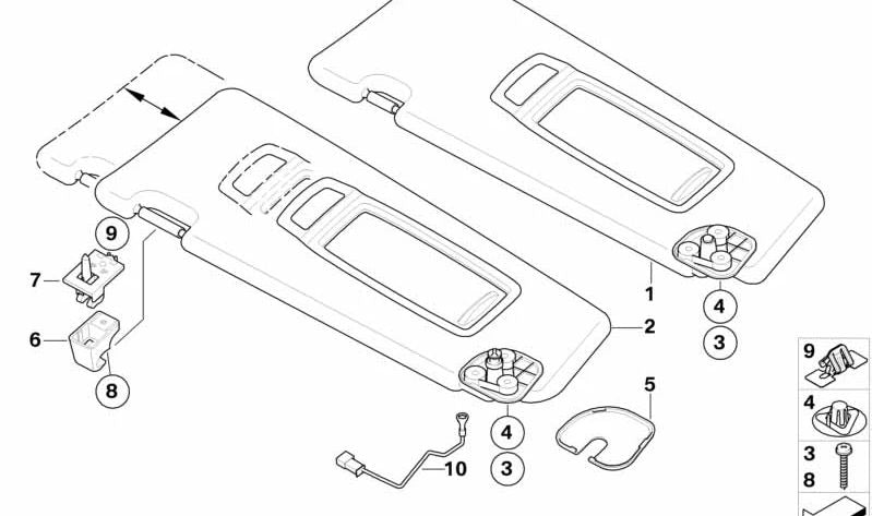 Luz espejo parasol derecha negra OEM 51167278614 para BMW X5 {E70, E70N}. Original BMW.