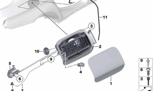 Tapón cubre depósito OEM 51177204365 para BMW F10 518d y 520d (años 2013-2016). Recambio original BMW.