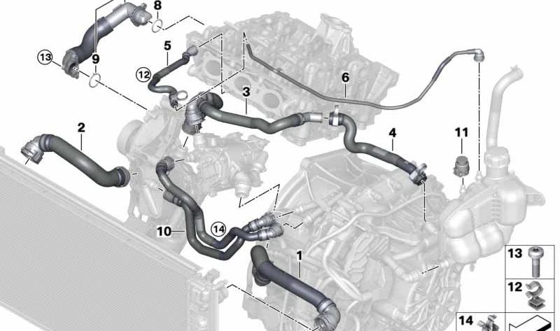 Manguera de conexión al termostato OEM 17128658487 para BMW F40, F44, F45, F46, F48, F49, F39 y MINI F54, F55, F56, F57, F60. Original BMW y MINI.