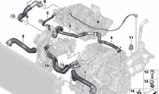 Manguera de conexión al termostato OEM 17128658487 para BMW F40, F44, F45, F46, F48, F49, F39 y MINI F54, F55, F56, F57, F60. Original BMW y MINI.