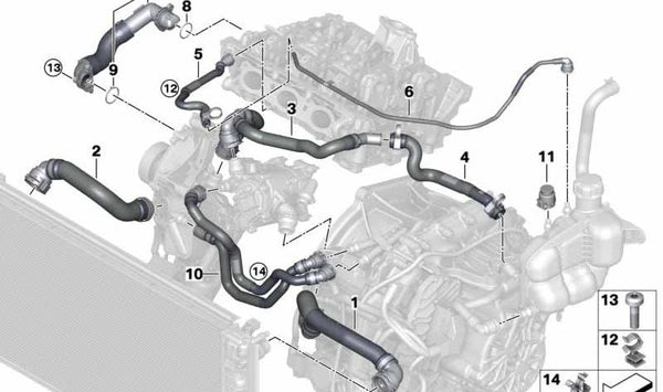 Manguera de conexión al termostato OEM 17128658487 para BMW F40, F44, F45, F46, F48, F49, F39 y MINI F54, F55, F56, F57, F60. Original BMW y MINI.