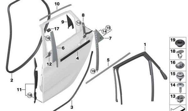 Cubierta exterior de la puerta trasera izquierda para BMW F45, F45N (OEM 51358498417). Original BMW