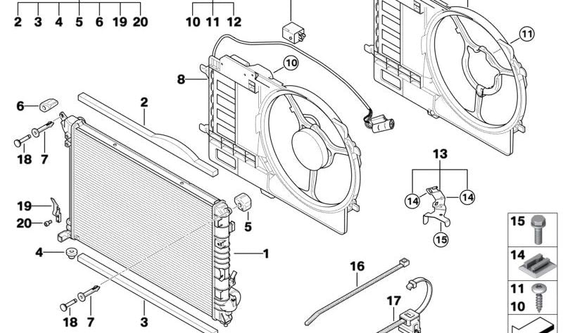 Ventilador con carcasa OEM 17101475577 para MINI R50, R53 {One, Cooper, Cooper S} (2001-2006). Repuesto original MINI. Ideal para problemas de sobrecalentamiento o ventilación del motor.