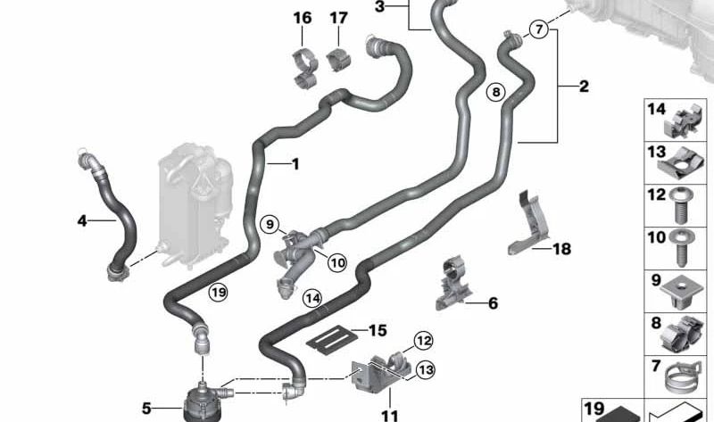 Manguera de refrigerante OEM 64216821250 para BMW G30, G30N, G31, G31N, G32, G32N, G11N, G12N. Original BMW.