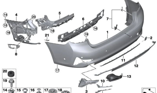 Parachoques trasero imprimado OEM 51128738991 para BMW G20 y G28. Compatible con sensores PDC/PMA. Repuesto original BMW.