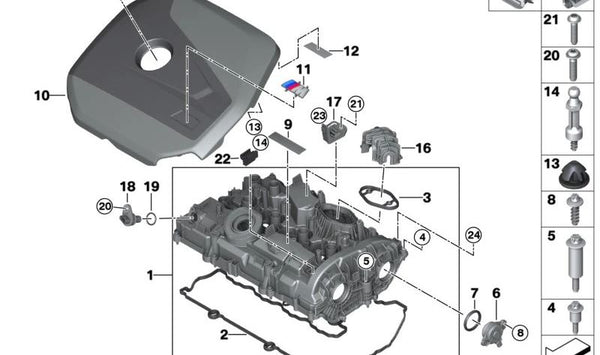 Soporte original OEM 11785A5EBA0 para BMW {F70, U06, U11, U12, U10} y MINI {F65, F66, U25}. Pieza original BMW y MINI, perfecta para fijaciones en tapa de cilindros o componentes de sonda lambda.