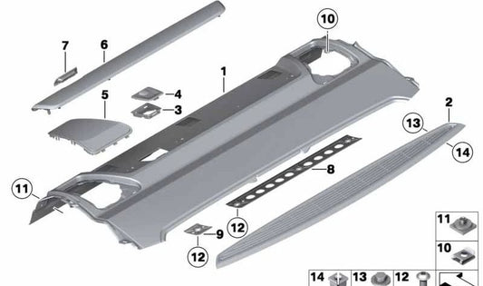 Embellecedor interior gris Everest OEM 51469180237 para BMW F10, F01, F02. Compatible con modelos 520d, 520i desde 2010 hasta 2013. Pieza original BMW.